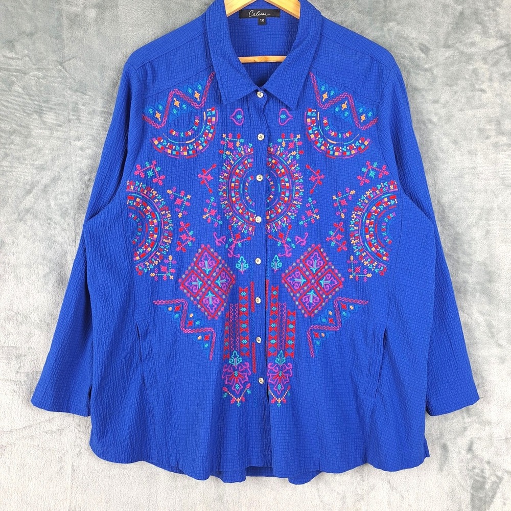 Calessa Top Womens 1X Boho Floral Embroidered Artsy Art To Wear Maximalist Tunic